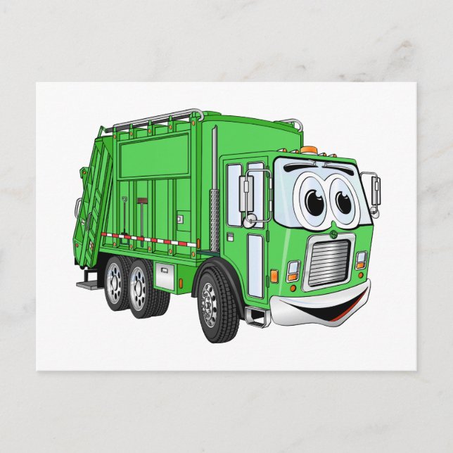 Carte Postale Cartoon de camion-poubelle vert vif (Devant)