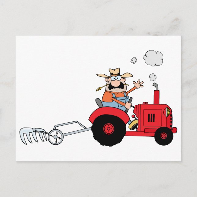Carte Postale Cartoon Farmer Conduit Un Tracteur Rouge (Devant)