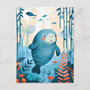 Carte Postale Cartoon Gentle Manatee en Océan