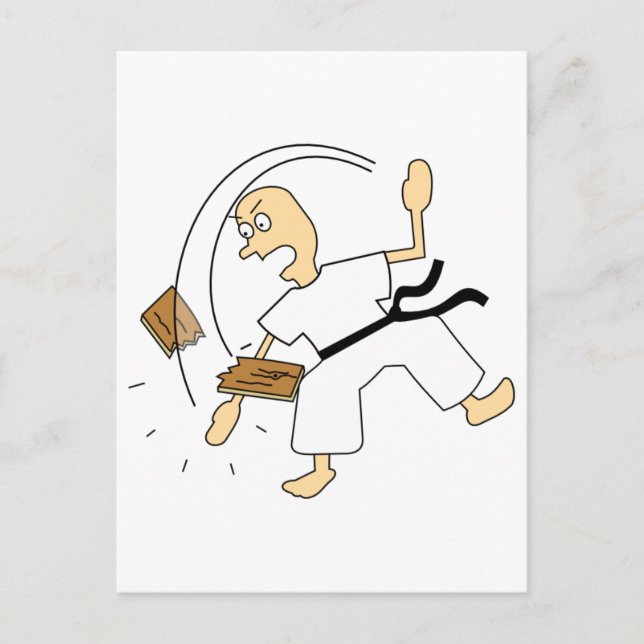 Carte Postale Cartoon Karate Man Chopping Bois Board avec main (Devant)