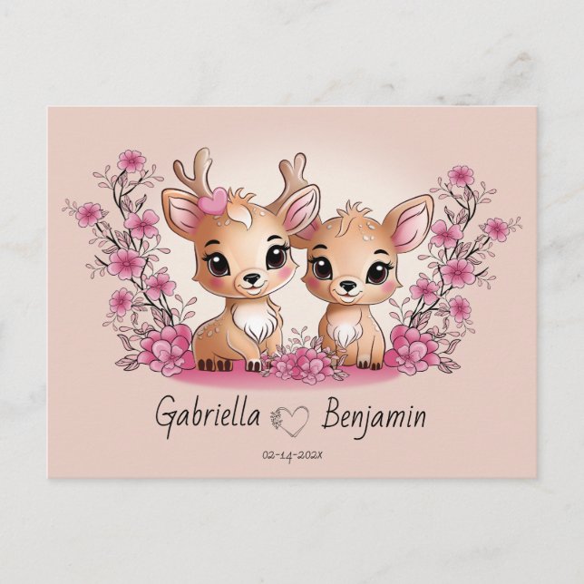Carte Postale Cartoon mignon Bambi Les amoureux Coeur Saint-Vale (Devant)