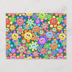 Carte Postale Cartoon mignon Fleurs joyeuses Motif Floral