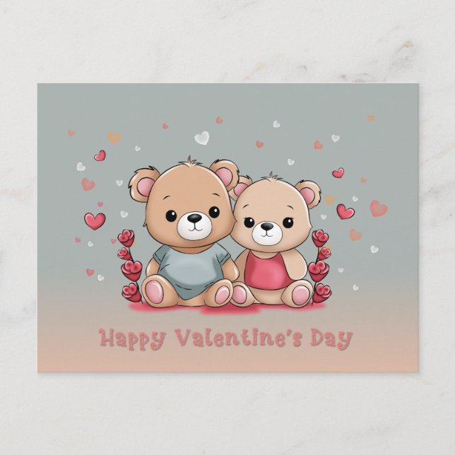 Carte Postale Cartoon mignon Teddy Lovers Heart Valentine's Day (Devant)
