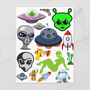 Carte Postale Cartoon Space Aliens Grays UFO Art Collage feuille