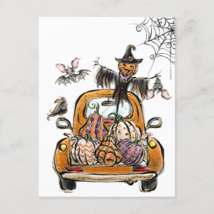Carte Postale Cas de Pumkin Patch Truck with bats scarecrow bird