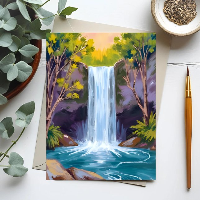 Carte Postale Cascade Bleue | Paysage de Forêt Peinture de la Na (Créateur téléchargé)