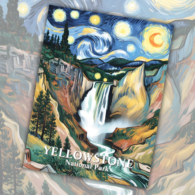 Carte Postale Cascade de Yellowstone Van Gogh Starry Nuit sur me (Yellowstone Waterfall Van Gogh Starry Night Custom Postcard)