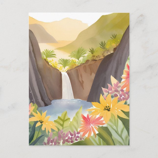 Carte Postale Cascade tropicale | Paysage aquarelle florale (Devant)