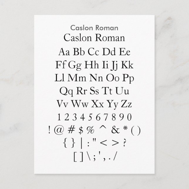 Carte Postale Caslon Roman - Feuille d'échantillonnage de police (Devant)