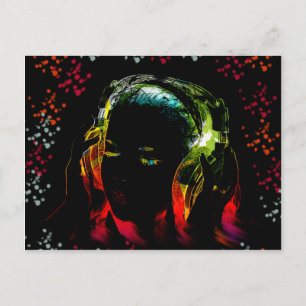 Carte Postale Casques de musique écoute fille Neon Colors Cadeau