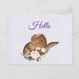 Carte Postale Casquette Brown Cowgirl avec fleurs roses Bonjour