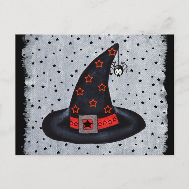 Carte Postale Casquette de sorcière noire étoiles mignonne araig (Devant)