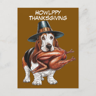 Carte Postale casquette pèlerin portant basset hound thanksgivin
