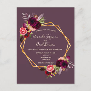 Carte Postale Cassis flores bordeaux faire-part de mariage or