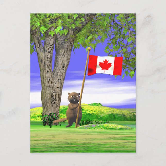 Carte Postale Castor et drapeau canadiens (Devant)