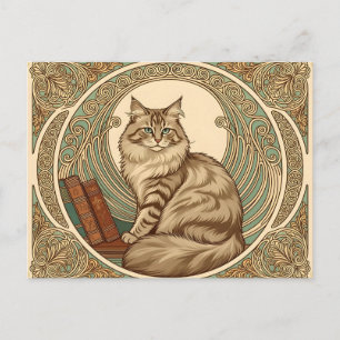 Carte Postale cat and books framed with geometrical ornament
