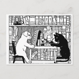 Carte Postale Cat and Dog in the Library