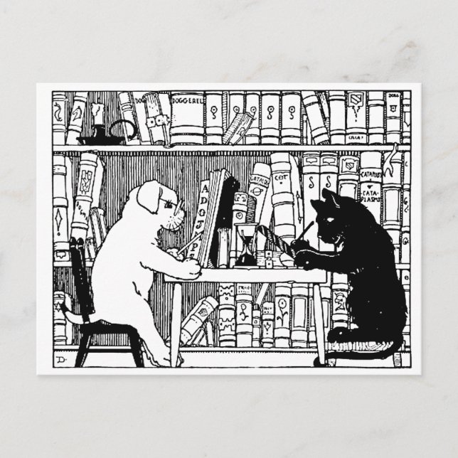 Carte Postale Cat and Dog in the Library (Devant)