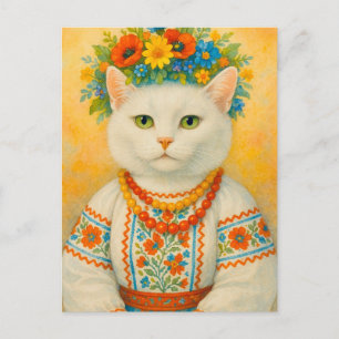 Carte postale Cat blanc ukrainienne Fleur Wire