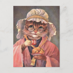Carte Postale Cat Drinking Tea Vintage au début des années 1900 