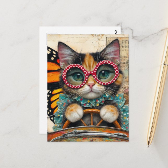 Carte Postale Cat Driving (Devant/Arrière en situation)