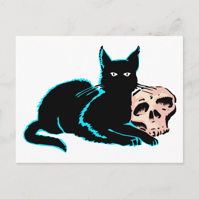 Carte Postale Cat et crâne Illustration d'Halloween (Devant)