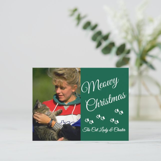 Carte Postale Cat Lady Christmas Photo Holiday Paw Prints Green (Debout devant)