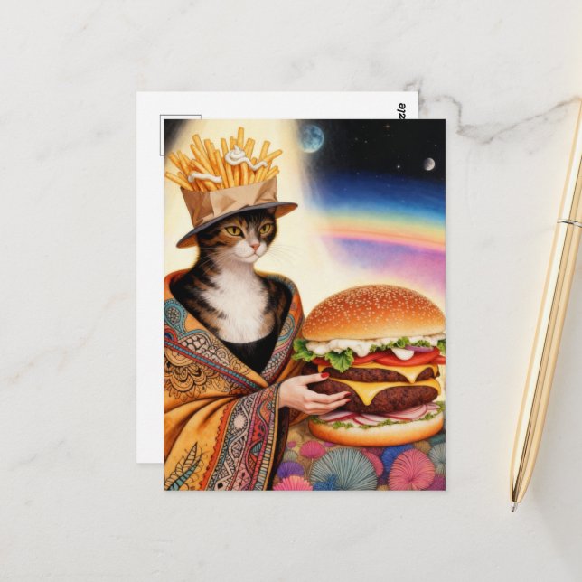 Carte Postale Cat Lady French Fries Hat and a Cheeseburger (Devant/Arrière en situation)