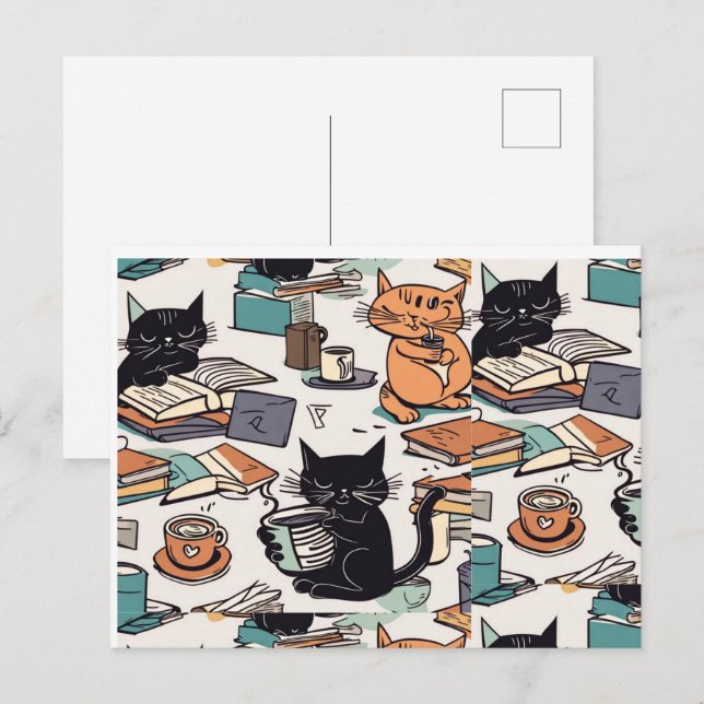 Carte Postale Cat Love livre de boisson café lecteur (Devant / Derrière)