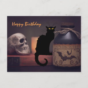 Carte Postale Cat noir effrayant et crâne Halloween Joyeux anniv