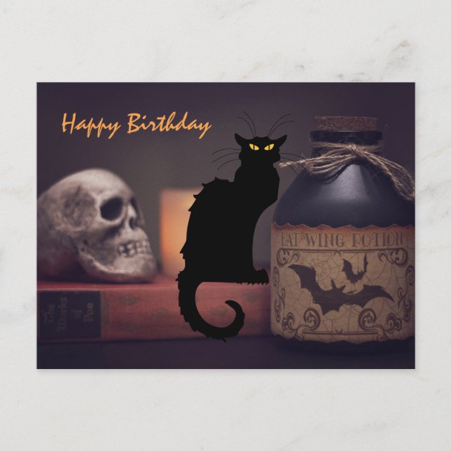 Carte Postale Cat noir effrayant et crâne Halloween Joyeux anniv (Devant)