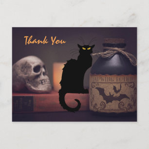 Carte Postale Cat noir effrayant et crâne Halloween Merci