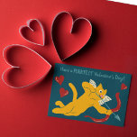 Carte Postale Cat personnalisé Cupid Valelentine's Day<br><div class="desc">Envoyez les salutations Purfect Valentine's Day avec cette carte postale. Il présente une illustration de dessin animé d'un chat orange faisant sa meilleure imitation de cupide avec des accents festifs de coeur rouge contre un arrière - plan bleu foncé. Il est prêt à être personnalisé avec votre propre message sur...</div>