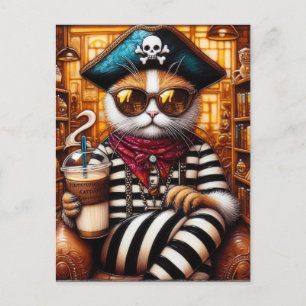 Carte Postale Cat pirate boire de l'icedcafé encausée style art