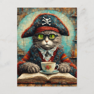Carte Postale Cat pirate boire du café et lire
