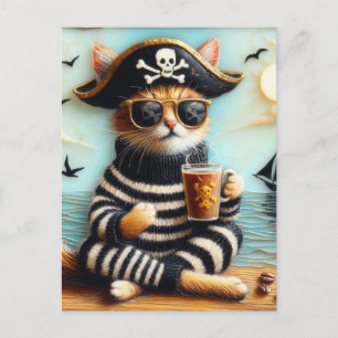 Carte Postale Cat pirate boire du café style art encautique