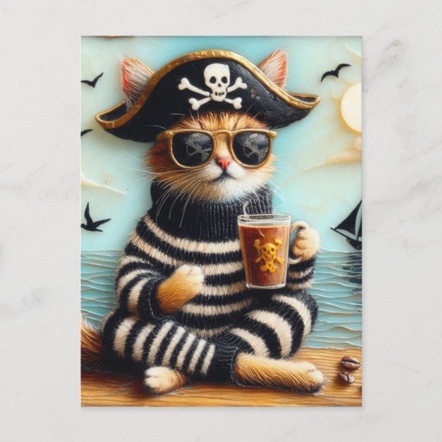 Carte Postale Cat pirate boire du café style art encautique (Devant)