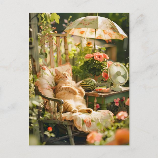 Carte Postale Cat Relaxing in Deck Chair under Sun Umbrella (Devant)