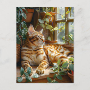 Carte Postale Cat Sleeping on Window Sill Among Flower Vines