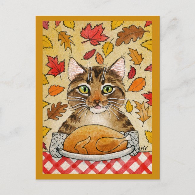 Carte Postale Cat Thanksgiving diner Dîner Turc Feuilles d'autom (Devant)