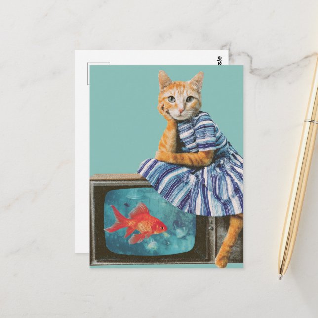 Carte Postale Cat With Goldfish on TV Retro Collage (Devant/Arrière en situation)