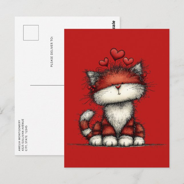 Carte Postale Cat with Red Hearts Cute and Fun (Devant / Derrière)