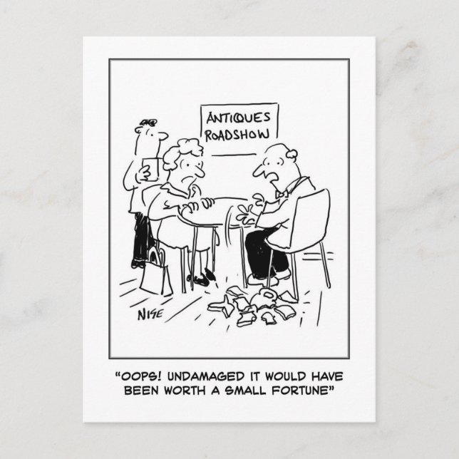 Carte Postale Catastrophe d'antiquités. Évaluation d'antiquaire. (Devant)