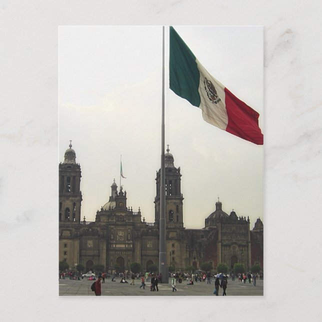 Carte Postale Catedral en el Zocalo del DF & la Bandera Mexicana (Devant)