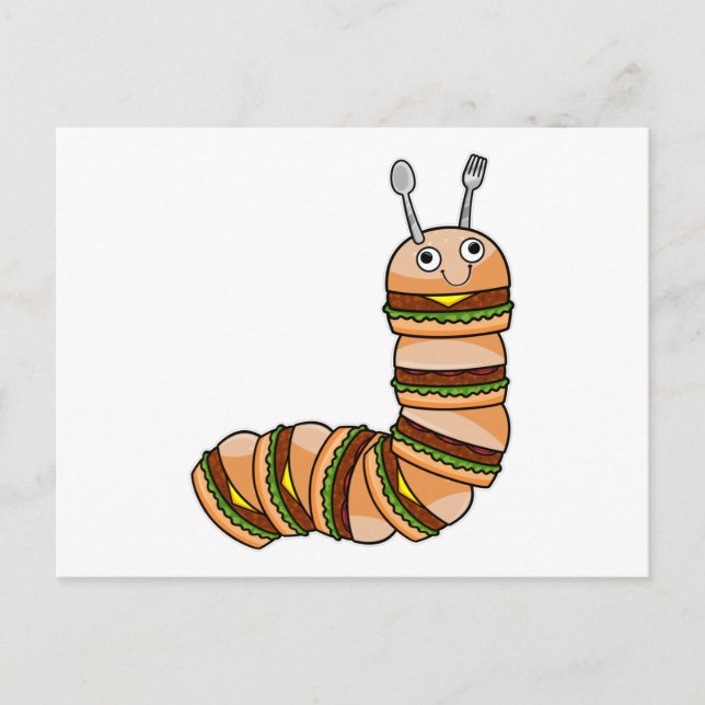 Carte Postale Caterpillar en Cheeseburger avec boeuf & salade (Devant)