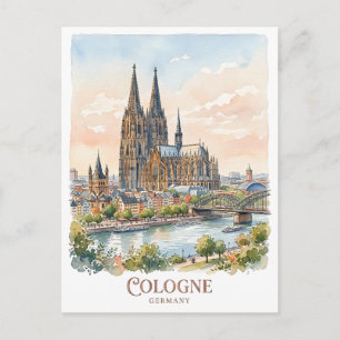 Carte Postale Cathédrale de Cologne Allemagne Aquarelle Skyline