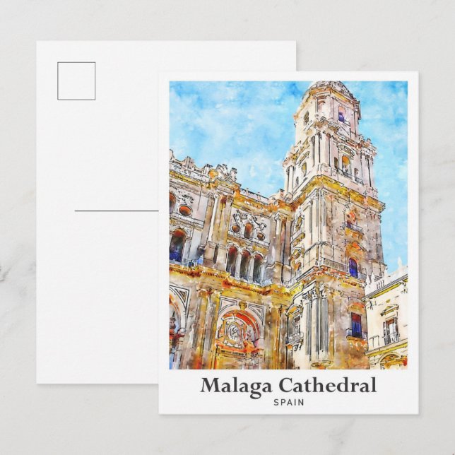 Carte Postale Cathédrale de Malaga Espagne Voyage Aquarelle (Devant / Derrière)