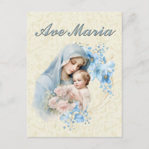 Carte Postale Catholic Vierge Marie Jésus Bleu Floral Ave Maria
