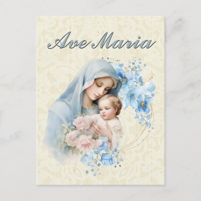 Carte Postale Catholic Vierge Marie Jésus Bleu Floral Ave Maria (Devant)