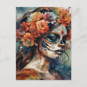 Carte Postale Catrina à l'aquarelle Dia de los Muertos Crâne de